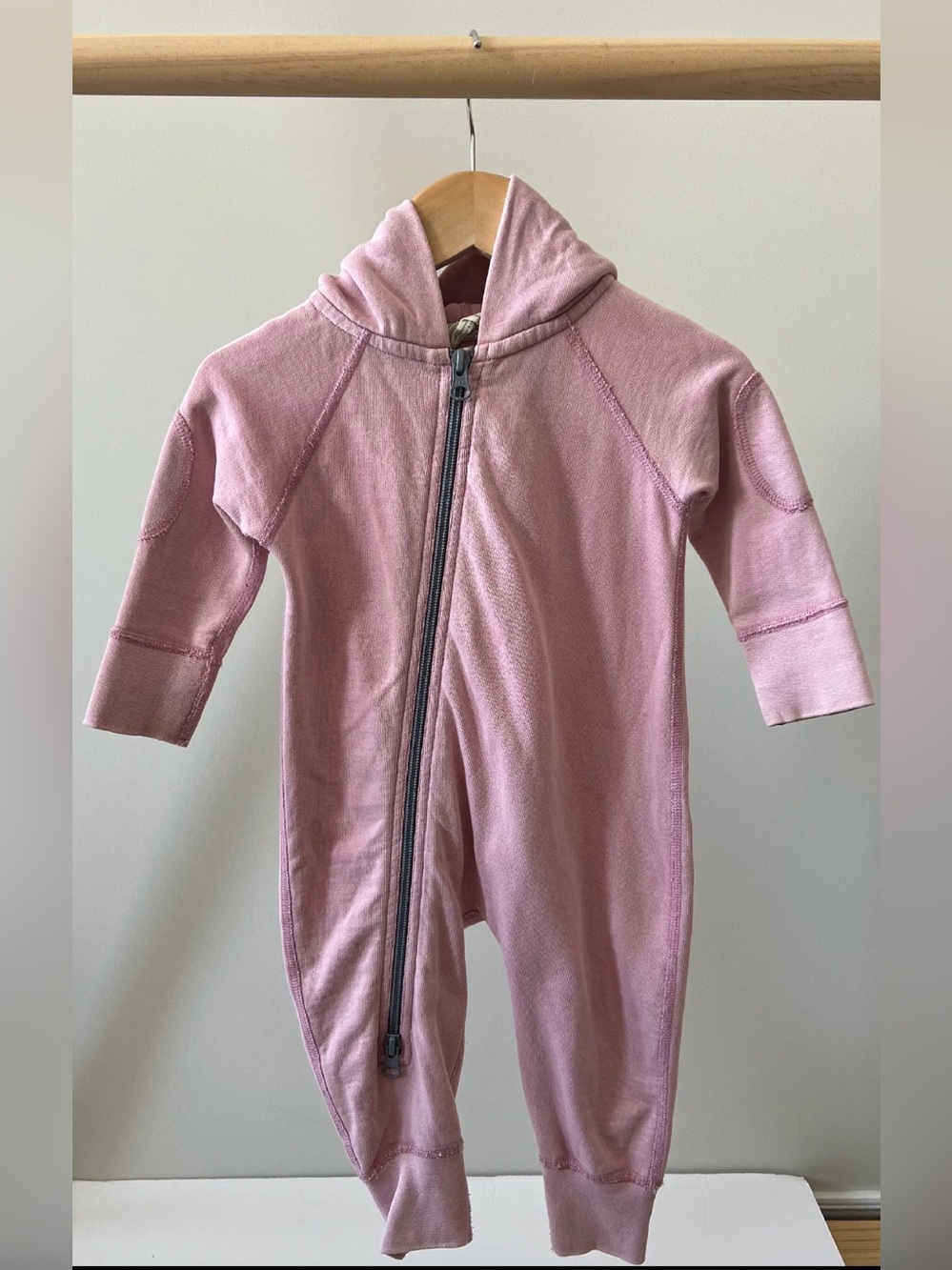 Sapling Organic Hooded Zip-Up Winter Zipsuit Romper in “Vintage Pink” 3-6M